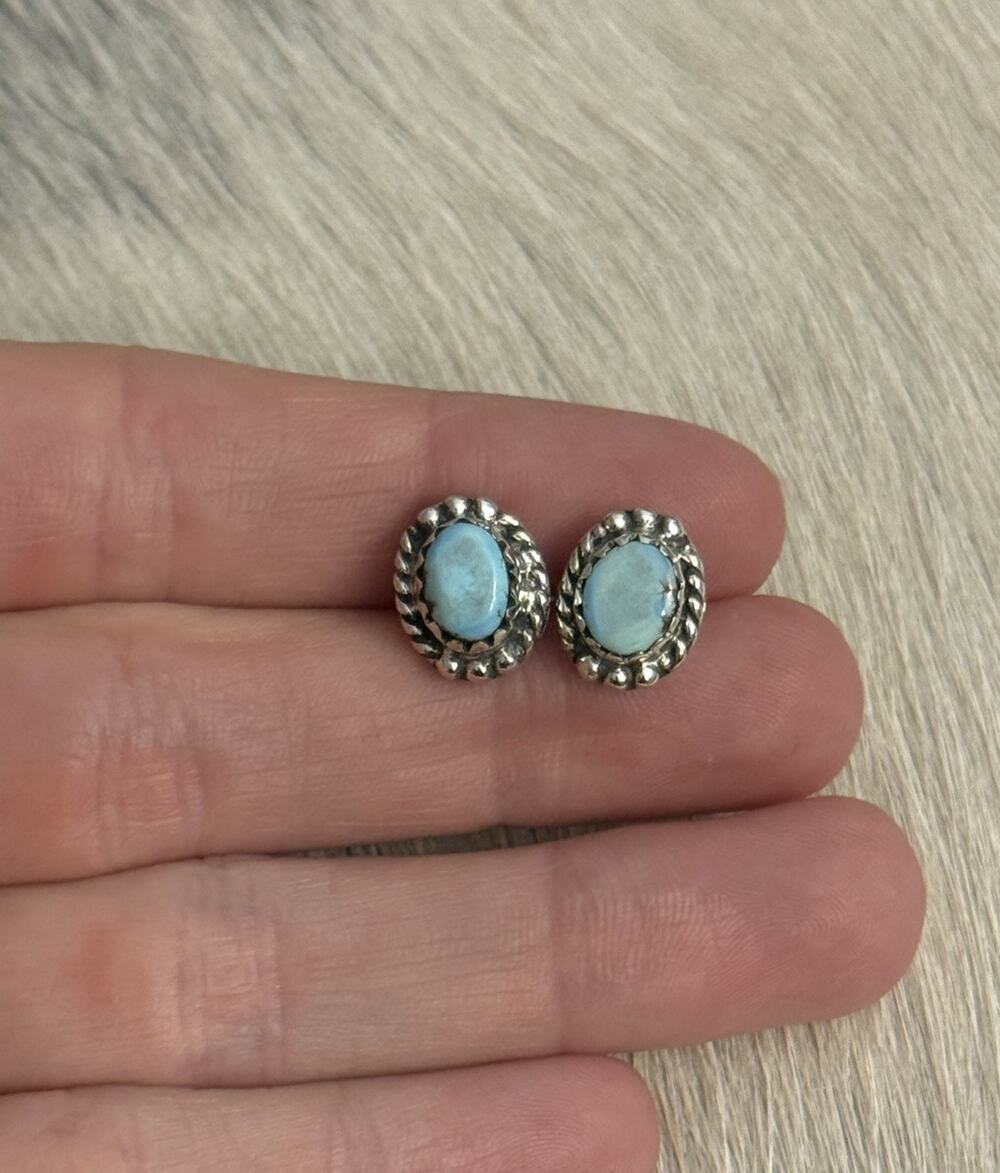 Sterling Silver Blue Golden Hills Turquoise Oval Braided Studs Posts Earrings